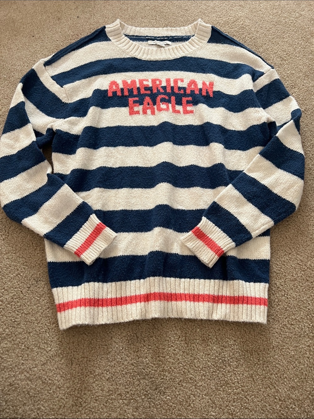 American Eagle Outfitters Navy, Cream & Red Striped Crewneck Sweater